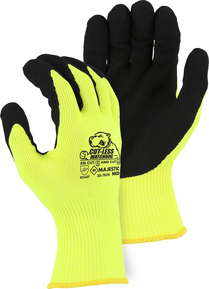 35-7676 Majestic® Glove Hi-Viz Yellow A6 Cut-Less Watchdog® Gloves with Sandy Nitrile Palms